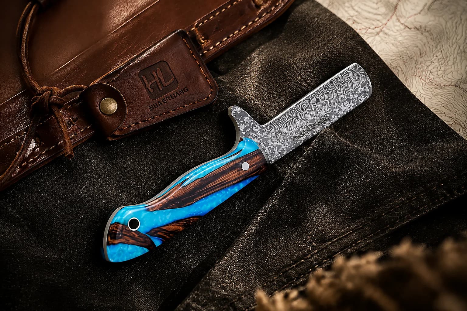 Damascus knife close-up for material and finish focused product sections