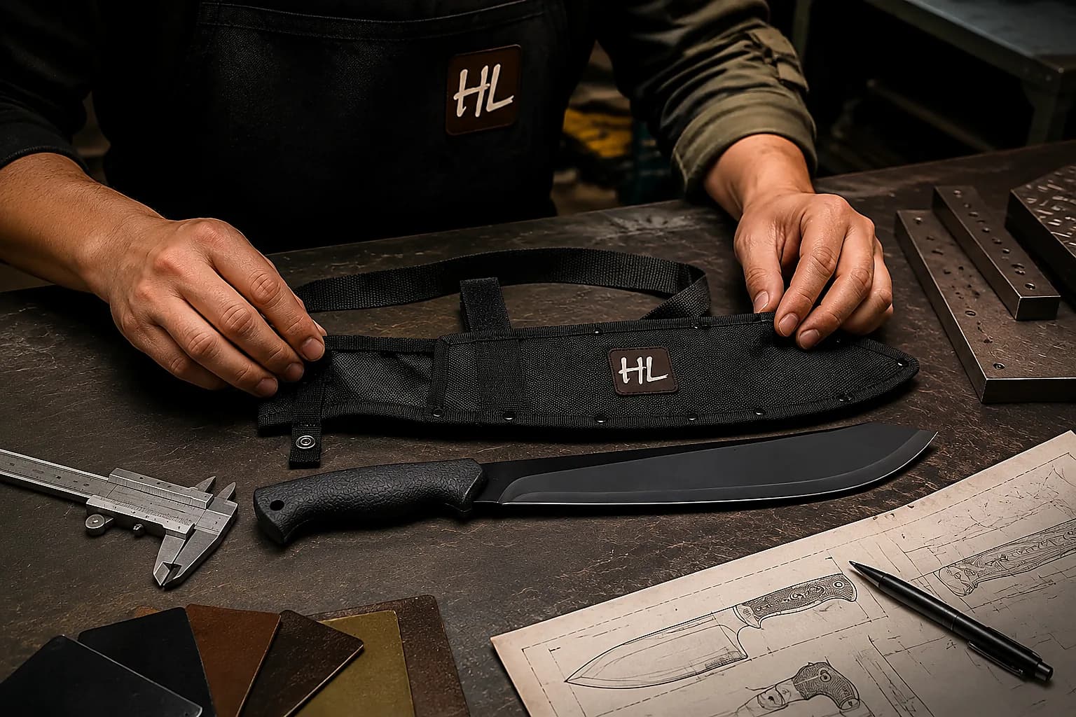 Knife workshop setup with brand patch and OEM production atmosphere